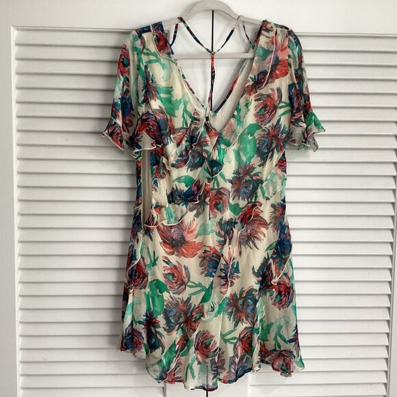 Anthropologie Floral V-Neck Ruffle Mini Dress Sz S Boho Summer Party Outfit Past - Picture 9 of 15